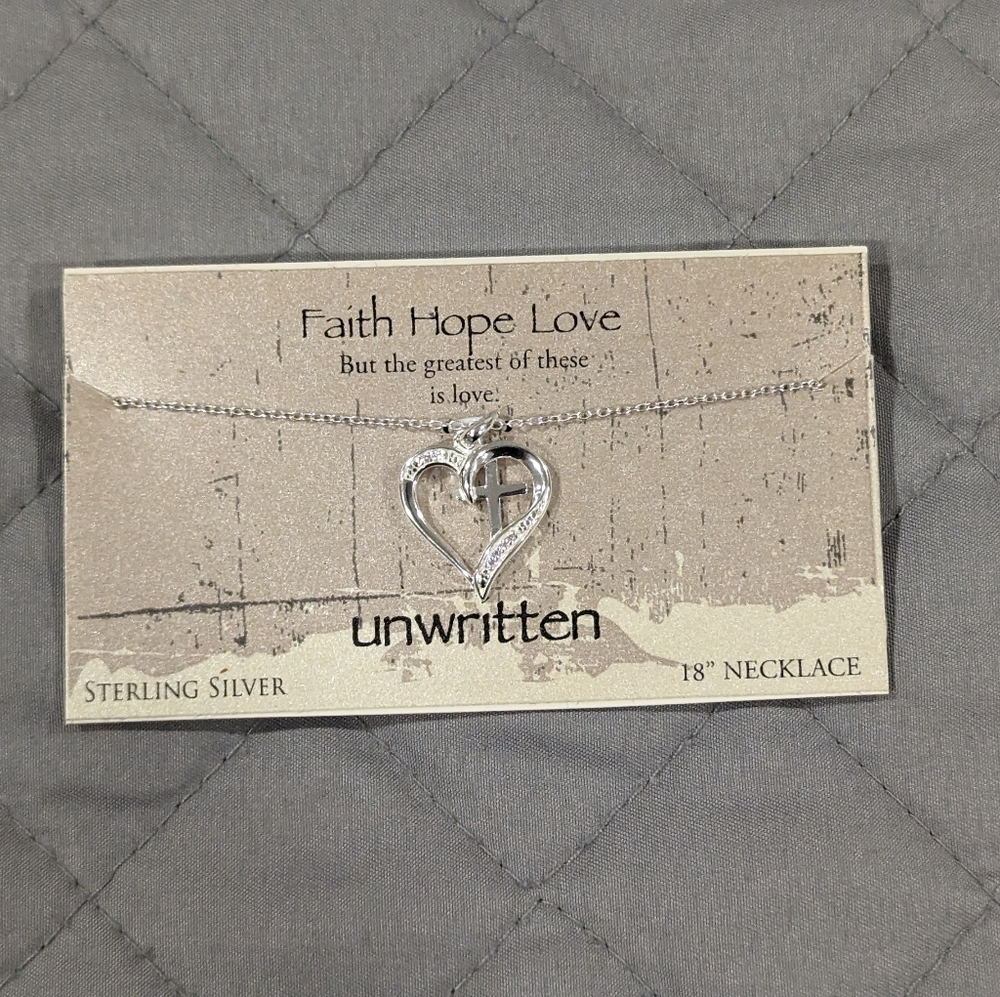 New MACY'S Heart Cross Sterling Silver Necklace Faith Hope Love 18"